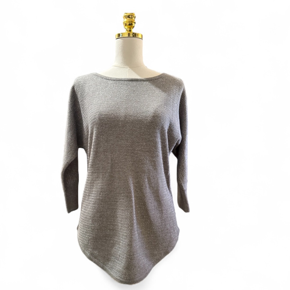 New York & Company Gray Metallic Knit Tunic Sweater Small Scoop Neck 3/4 Sleeve